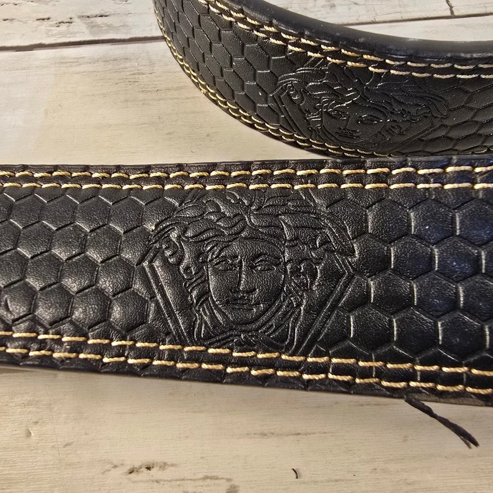 Medusa Head Black Leather Honeycomb Belt Brass Buckle 50/125